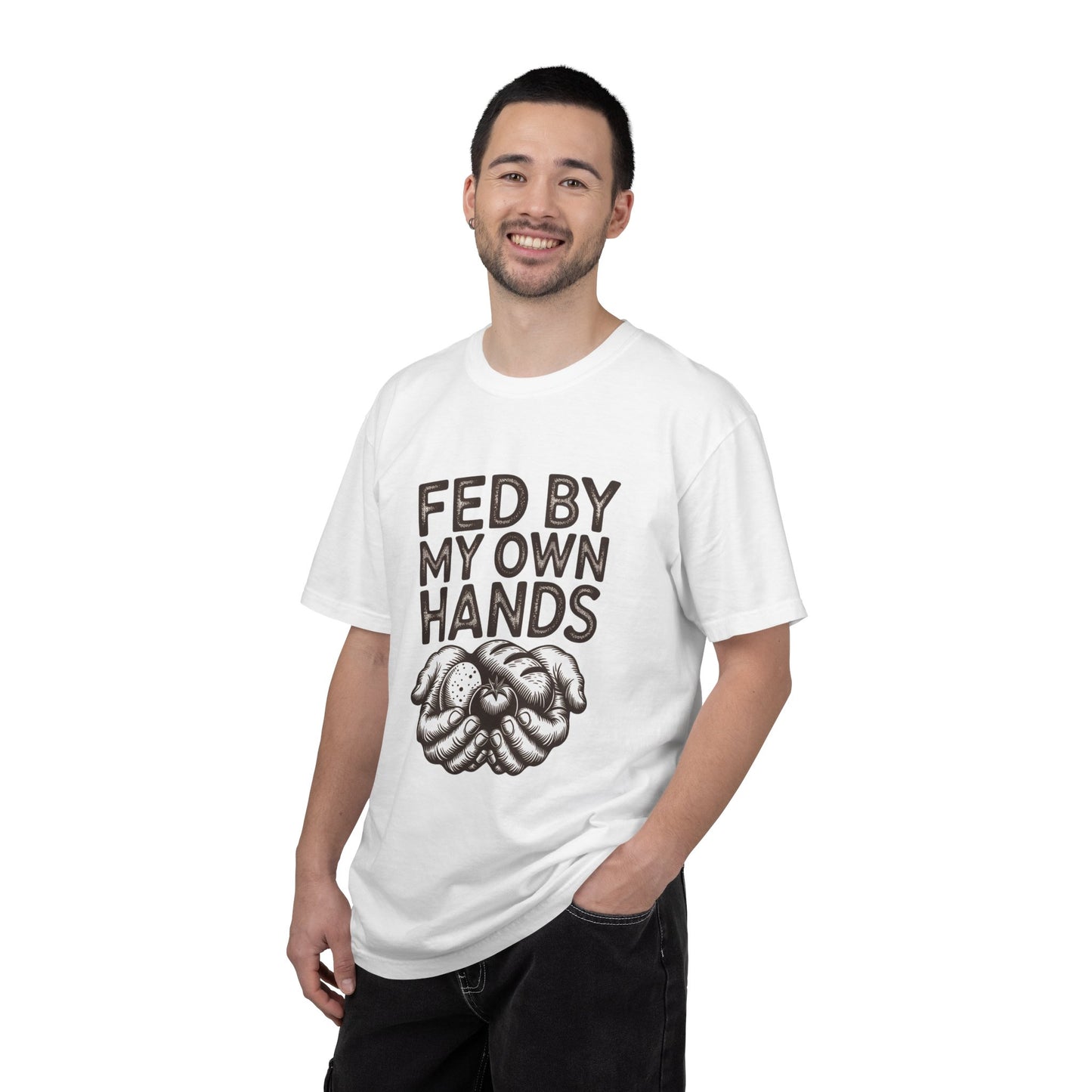Homesteader T-Shirt — "Fed by My Own Hands" Hands Holding Tomato, Bread & Potato